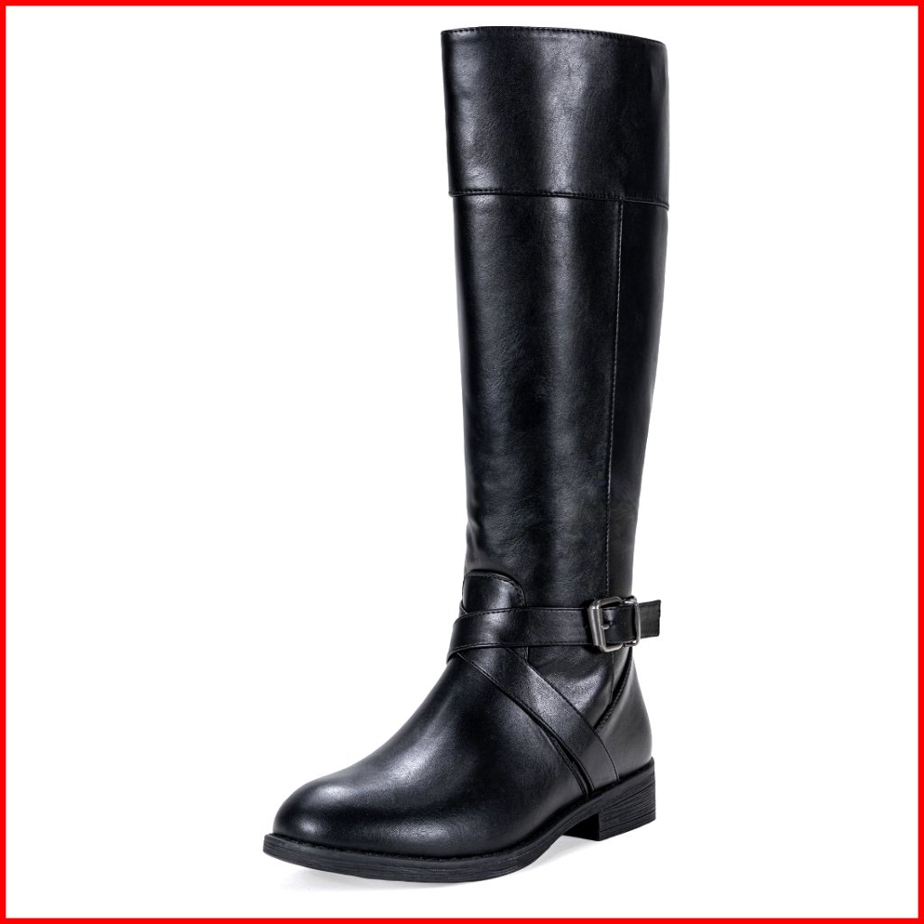 Knee High Riding Boots Wide Calf Low Heel Zipper Synthetic Leather